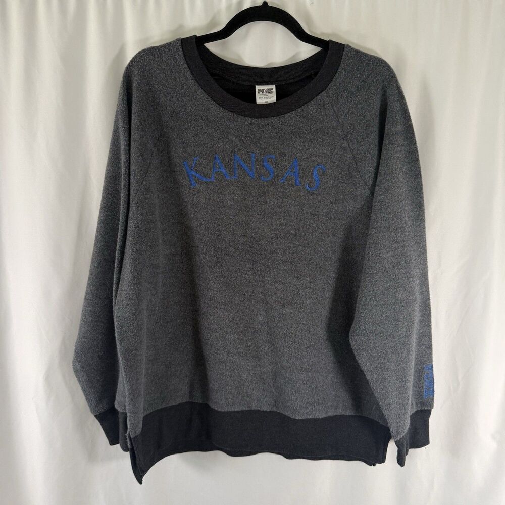 Kansas Jayhawks Pink Victoria Secret Sweater Women's Large Grey Pullover Crew